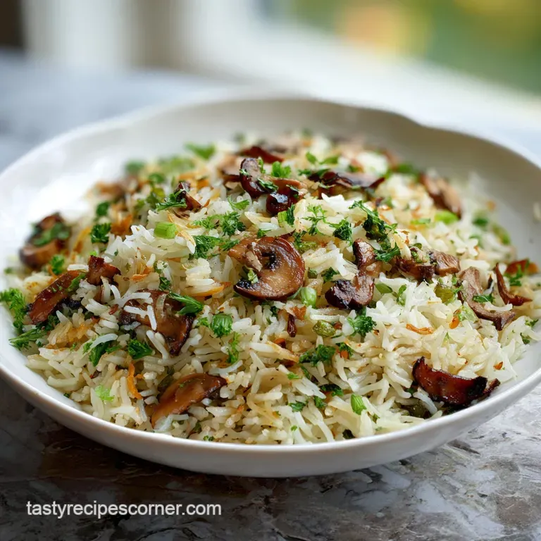 Elegant plate of creamy mushroom rice garnished with vibrant green parsley, a drizzle of oil glistening on top.