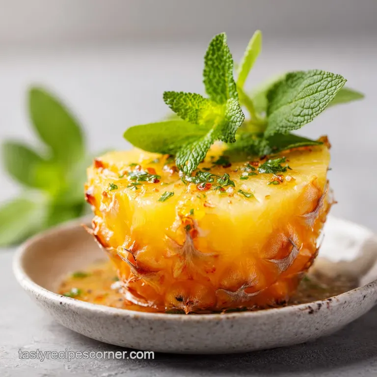 Tall cocktail glass filled with a refreshing pineapple drink, garnished with sage. Condensation hints at a cool, crisp taste.