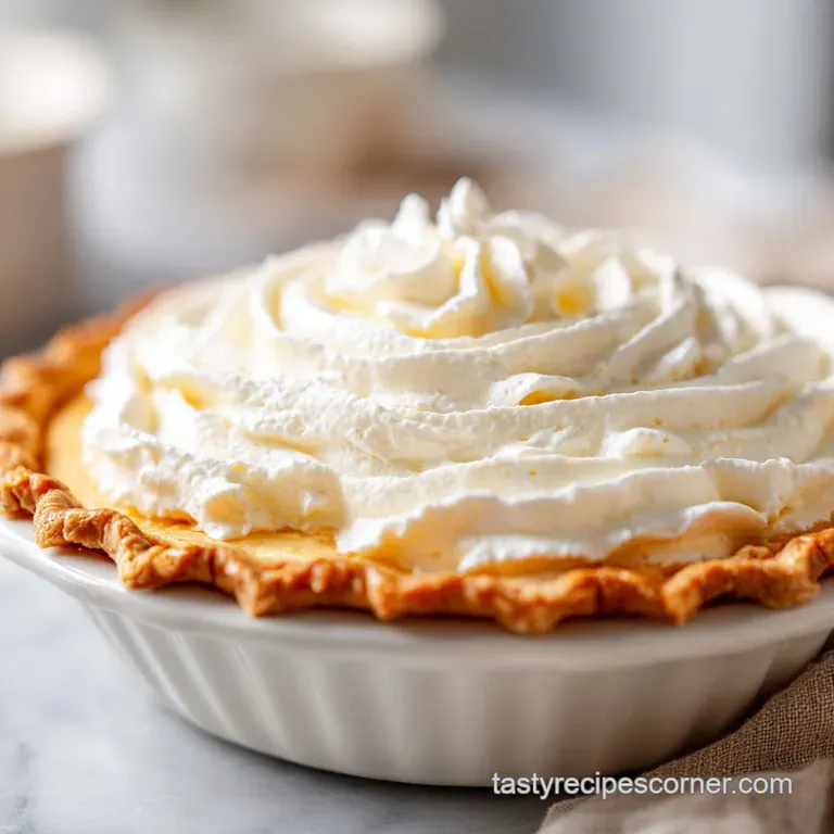 Elegant slice of eggnog pie on a white plate, garnished with whipped cream and a sprinkle of nutmeg. Festive and inviting ...