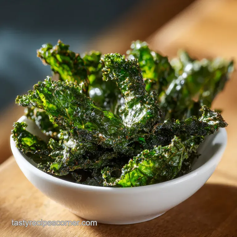 A delicate pile of shatter-crisp kale chips arranged artfully on a white ceramic plate with a hint of sea salt.