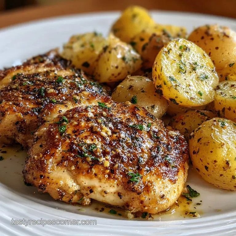 A perfectly roasted chicken thigh and fluffy potato wedge plated with fresh herbs, glistening with savory garlic parmesan ...