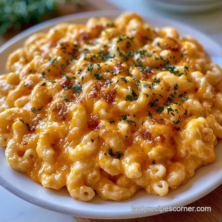 Creamy golden pasta swirls on a white ceramic plate, garnished with cracked black pepper and a sprig of parsley.