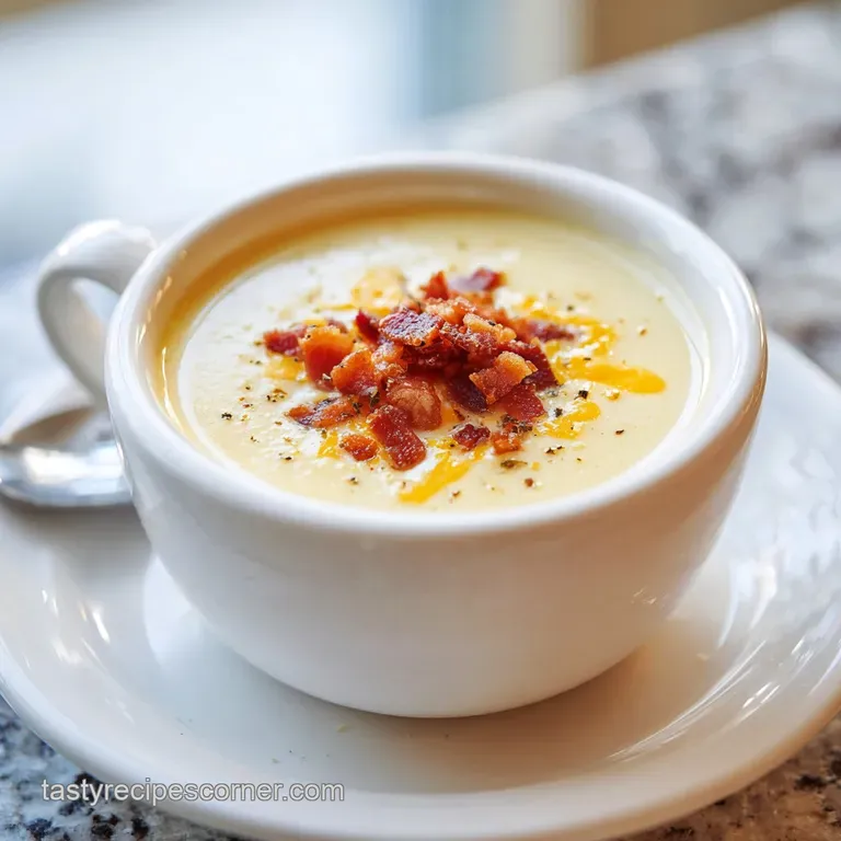 Close-up of a bowl of creamy potato soup with a swirl of cream, fresh parsley, and golden-brown croutons; warm and inviting.