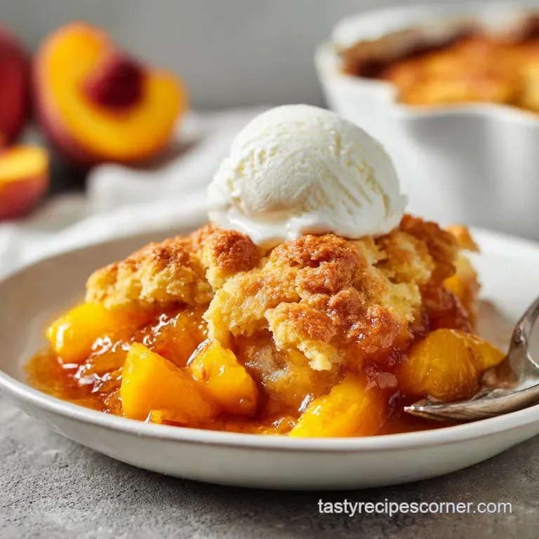 Warm peach cobbler served in a white bowl, juicy peaches peeking out. Soft, golden biscuit contrasts with bubbling fruit f...
