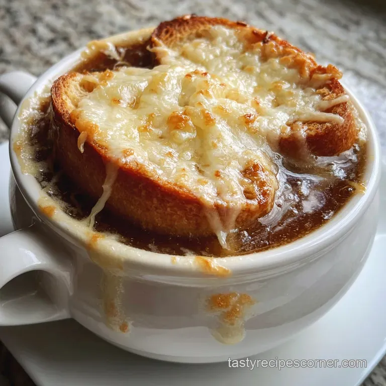 Deep bowl of French onion soup topped with toasted bread and melted Gruy&egrave;re; thyme sprig rests on the rim.