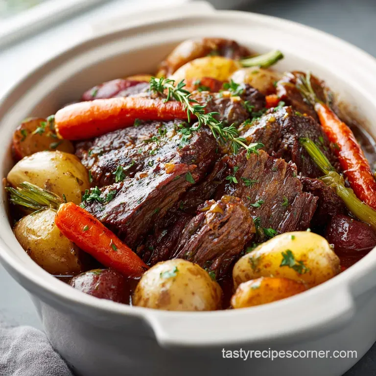 A rich, glossy pot roast slice with vibrant, steaming vegetables on a rustic white plate.