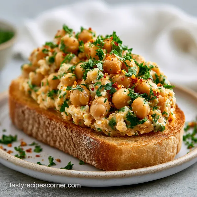 Two toasted halves of a hearty sandwich stacked with creamy chickpea filling and fresh sprouts on a ceramic plate