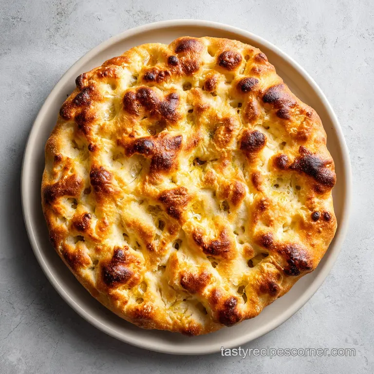 A rustic slice of focaccia bread, topped with fresh cherry tomatoes and basil, on a textured plate