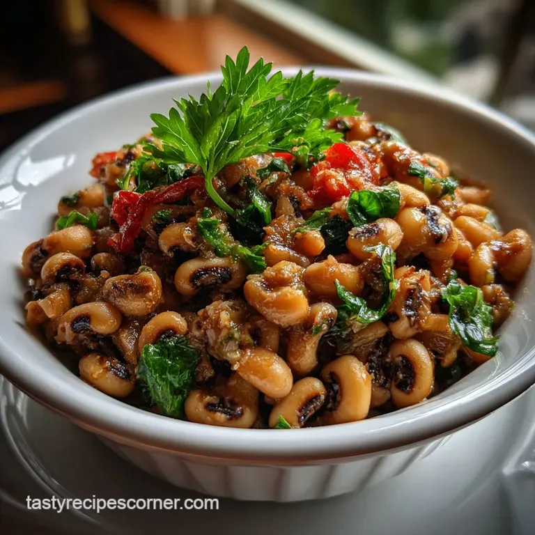 Creamy black-eyed peas served in a rustic bowl. Garnished with a swirl of fresh herbs, offering a vibrant contrast of colo...