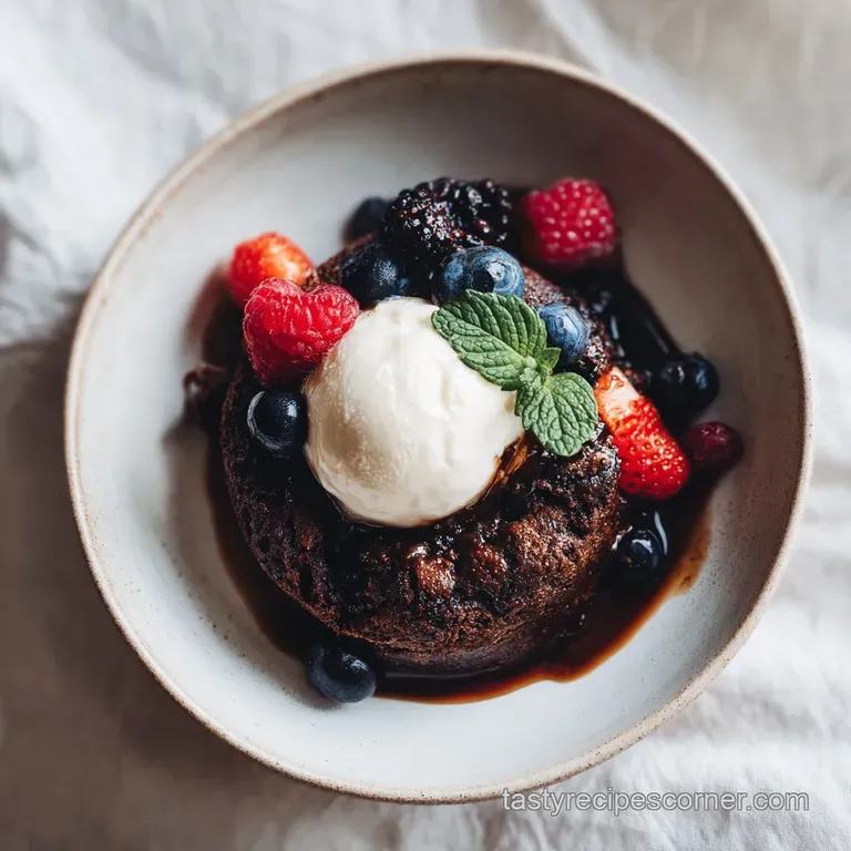 Individual ramekin of rich, dark chocolate cobbler. Dusting of powdered sugar and a sprig of mint for freshness. Steaming ...