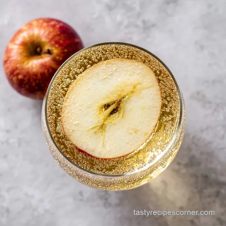 A clear glass filled with sparkling amber liquid, topped with foamy effervescence and a delicate cinnamon rim.