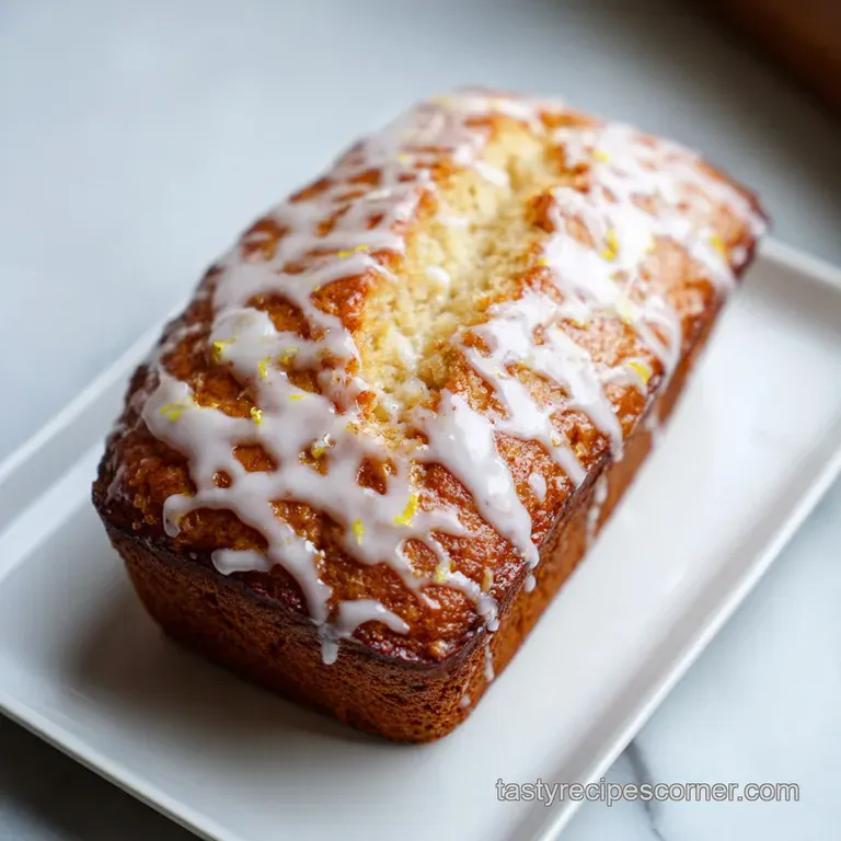 A slice of moist lemon loaf cake, its tender crumb glistening, artfully arranged with fresh lemon zest.