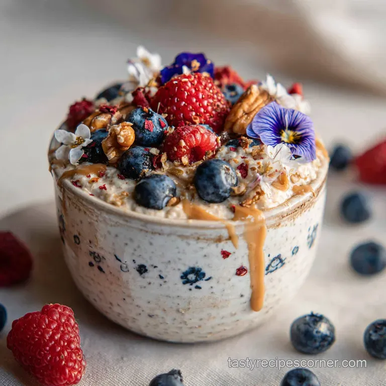 Individual glass jars layered with cool overnight oats, vibrant fruit compote, and toasted granola for a quick, pretty bre...