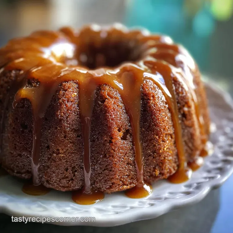 A slice of moist, dark toffee cake on a white plate, drizzled with glossy caramel, and paired with a dollop of creamy whip...