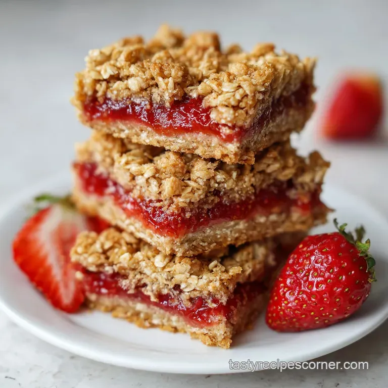 Neatly sliced squares of oat bars stacked on a white ceramic plate, garnished with a few fresh strawberries.