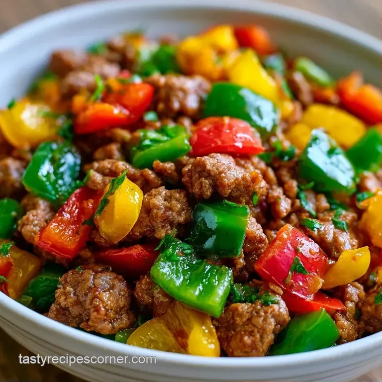 Vibrant red and yellow saut&eacute;ed peppers piled high on a white plate, topped with a sprinkle of fresh green herbs.