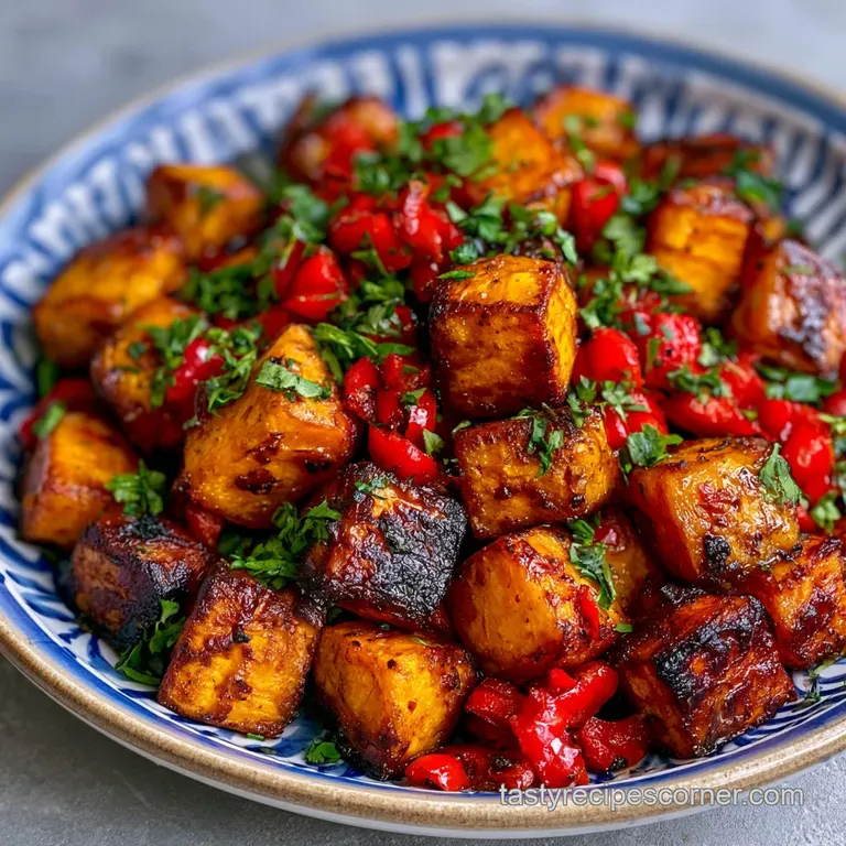 Vibrant orange potato cubes with caramelized edges served in a rustic cast iron skillet topped with fresh herbs.