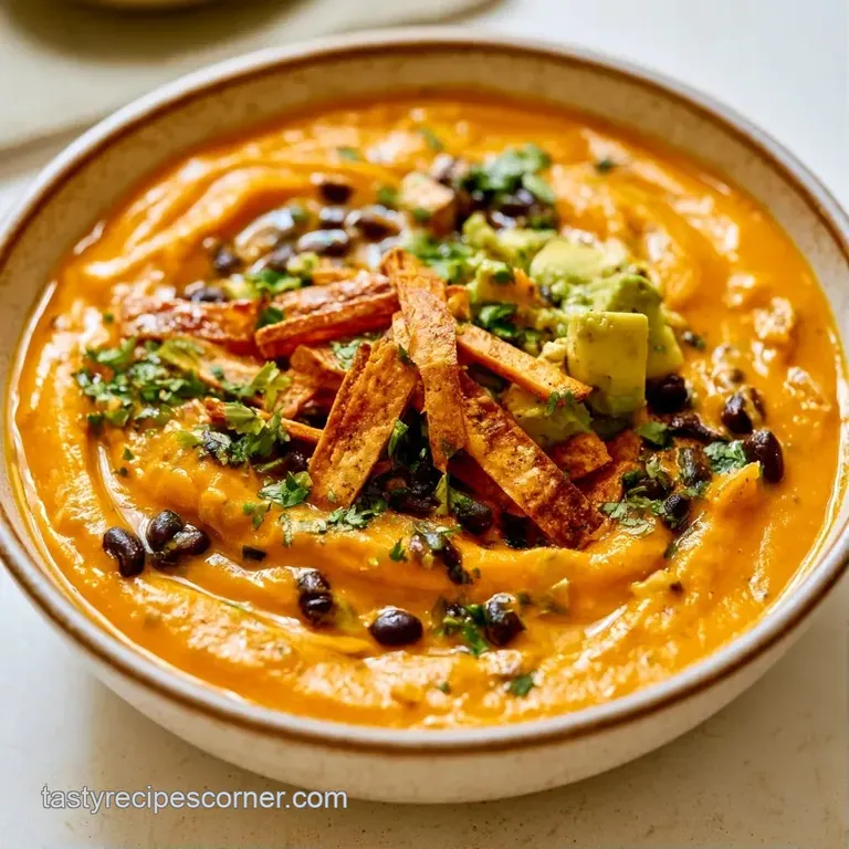A rustic ceramic bowl of golden soup garnished with sliced avocado, fresh cilantro, and crispy fried tortilla strips.