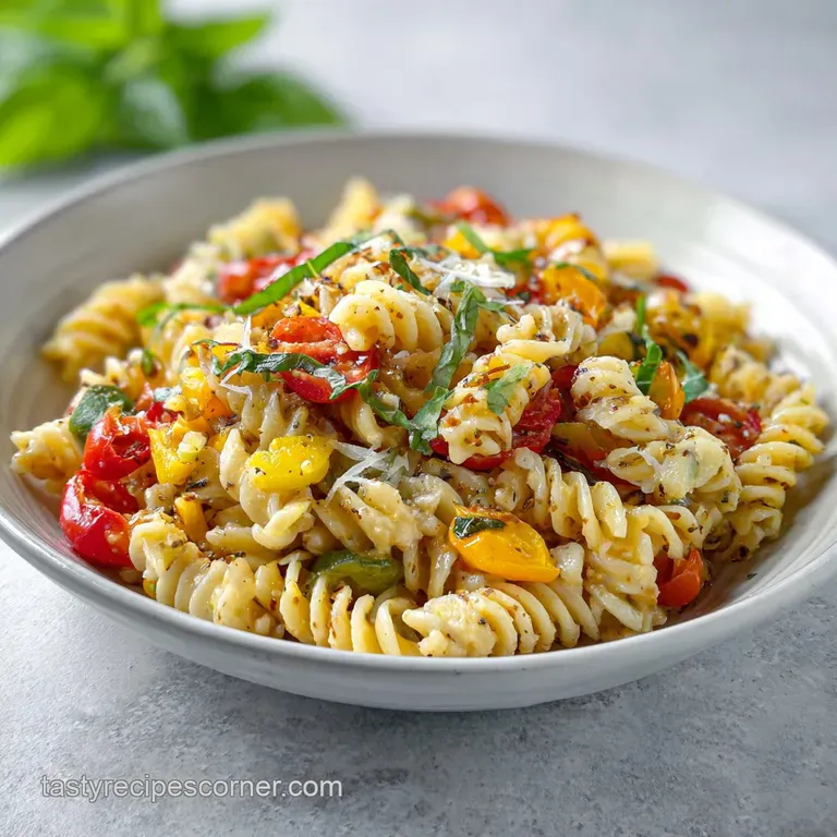 Bright taco pasta salad served on a white plate, garnished with cilantro and a lime wedge. Refreshing and inviting.