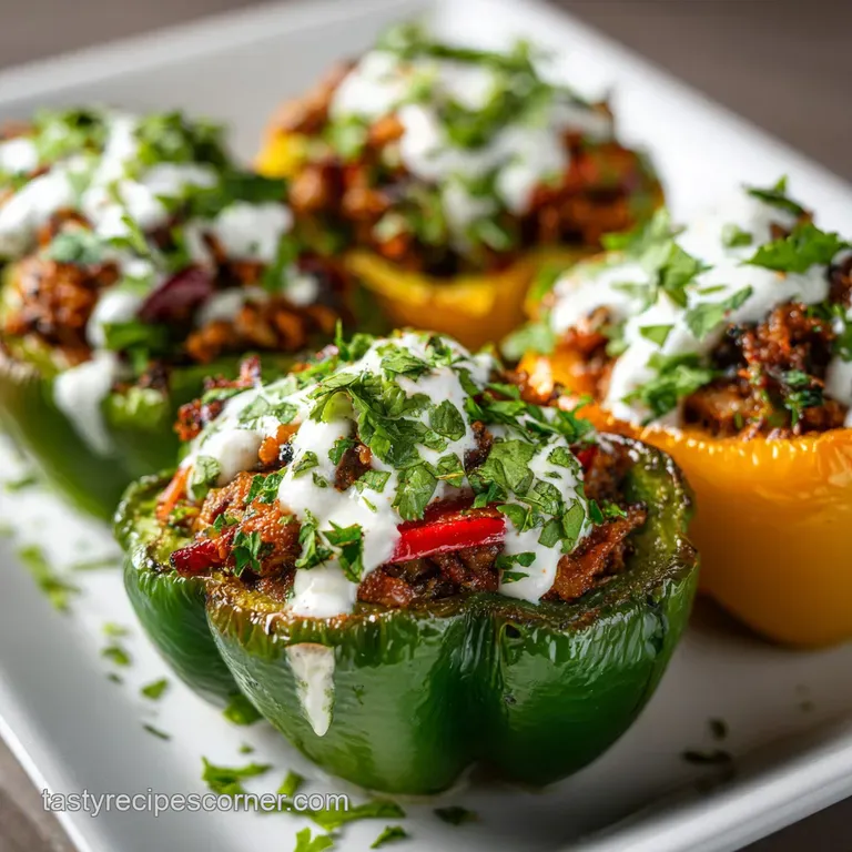 A glistening stuffed pepper half sits on a plate. Filling is browned on top with melted cheese. Fresh cilantro provides a ...