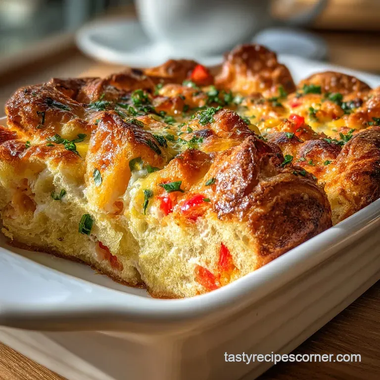 Individual slice of breakfast casserole, showcasing flaky layers, melted cheese, and savory filling, garnished with a spri...