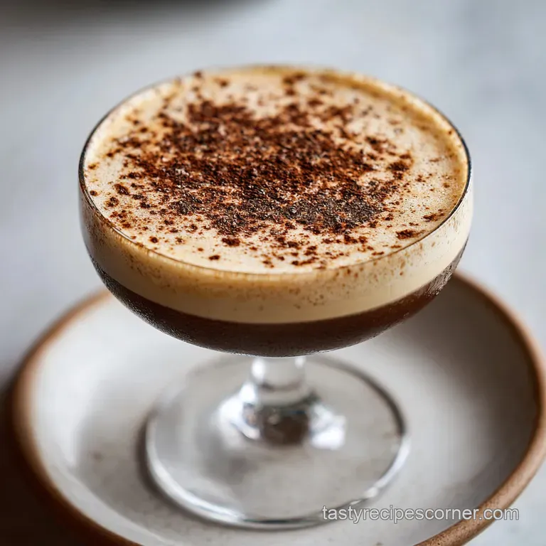 An elegant martini glass filled with creamy tiramisu cocktail, dusted with cocoa powder.