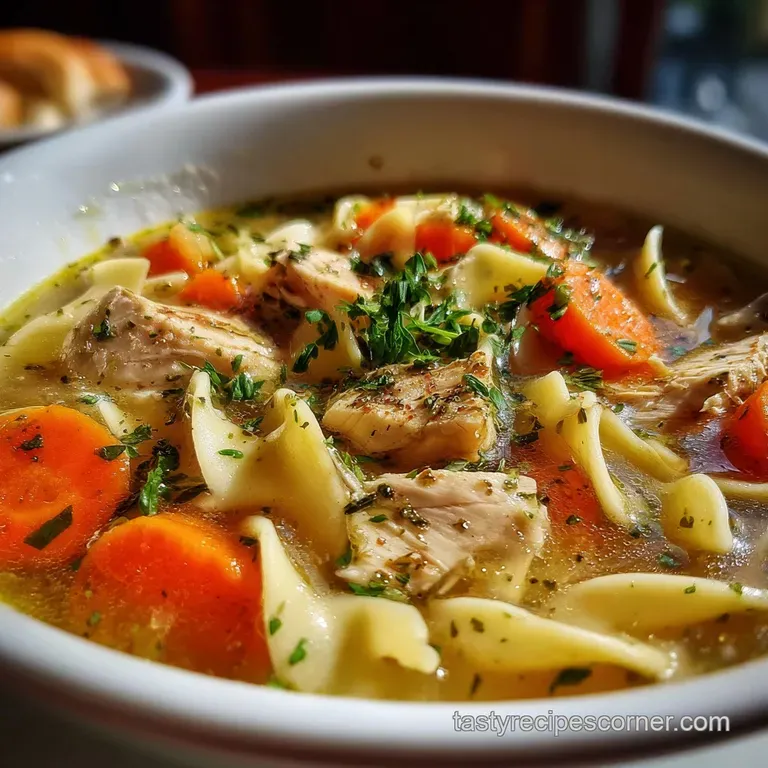 Elegant bowl of chicken noodle soup, garnished with fresh parsley. Rich, golden broth glistening with flavorful droplets. ...