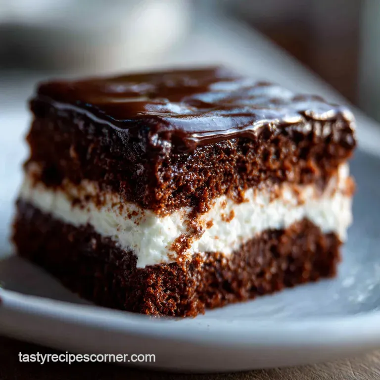 Elegant slice of tuxedo bar cake on a white plate. Chocolate shavings cascade over the cake's creamy layers and glossy gan...