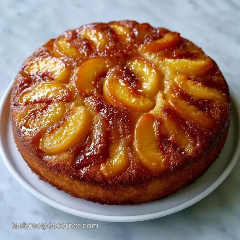 A slice of golden cake with caramelized peaches on a white plate, topped with whipped cream and a mint leaf.