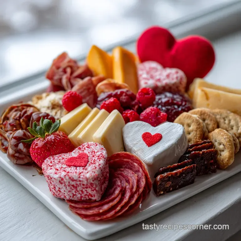 Elegant charcuterie board featuring heart-shaped cheese, glistening berries, and a variety of textures in a festive Valent...