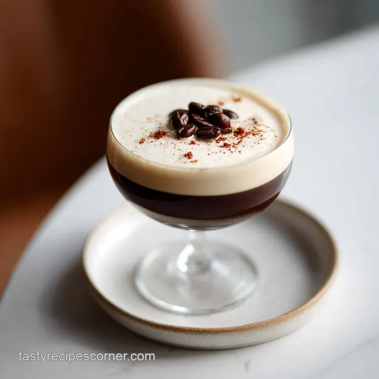 Chilled martini glass showcasing a rich, creamy froth and the subtle amber hue of the cocktail.