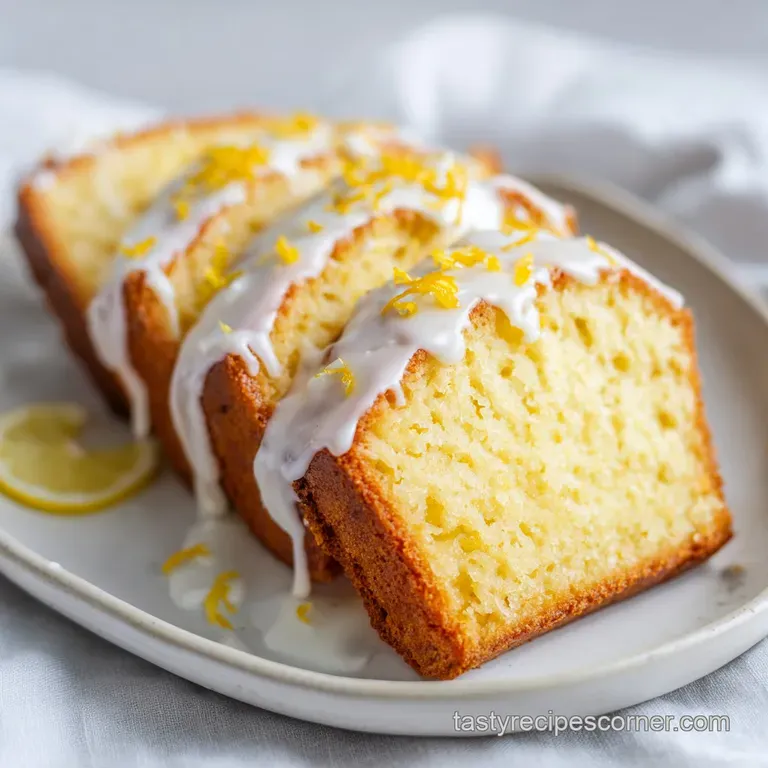 Slices of moist lemon cake on a white ceramic plate, garnished with fresh mint leaves and thin lemon wheels.