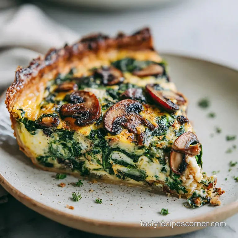 Slice of vegan quiche on a white plate. Flaky crust, smooth tofu filling with flecks of spinach and mushrooms.