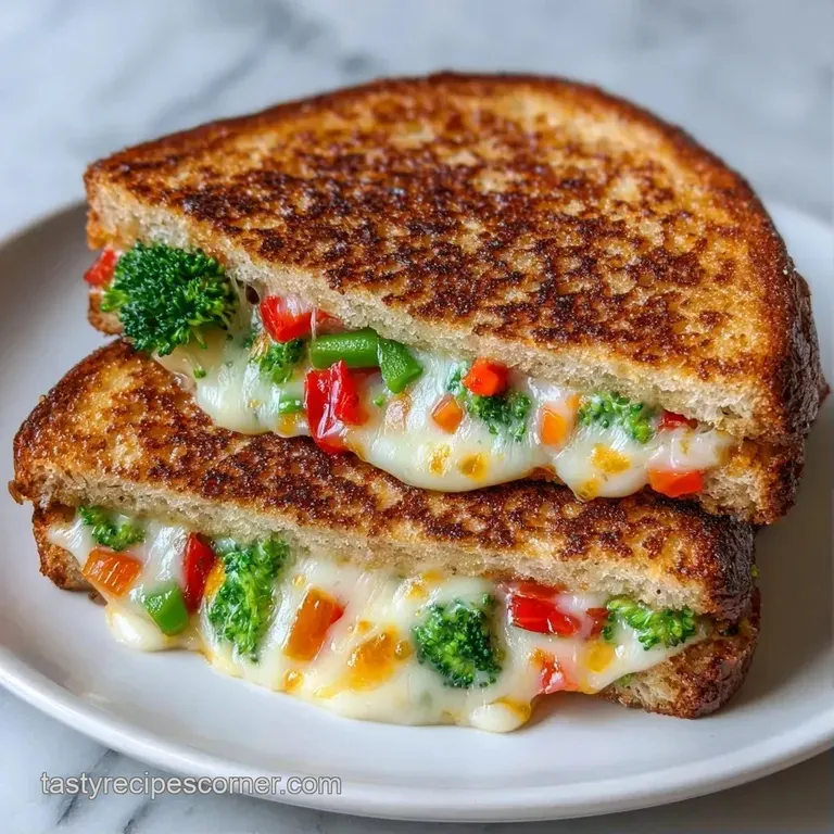 Two golden toasted halves stacked on a white plate, revealing layers of melted cheese and saut&eacute;ed vegetables.