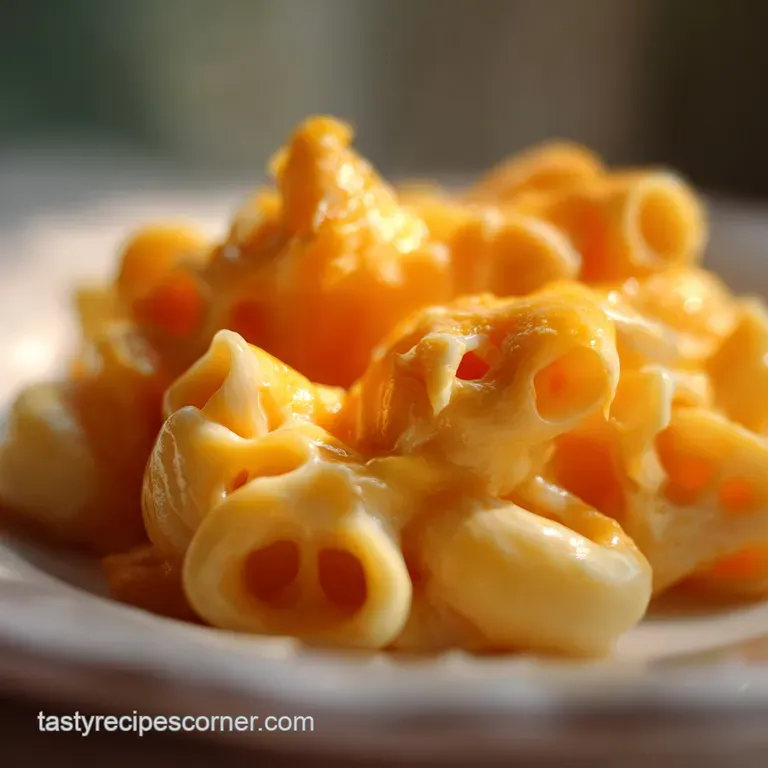 A swirl of golden mac with melted cheese pull, sprinkled with fresh parsley, in a bright white bowl atop a wooden surface.