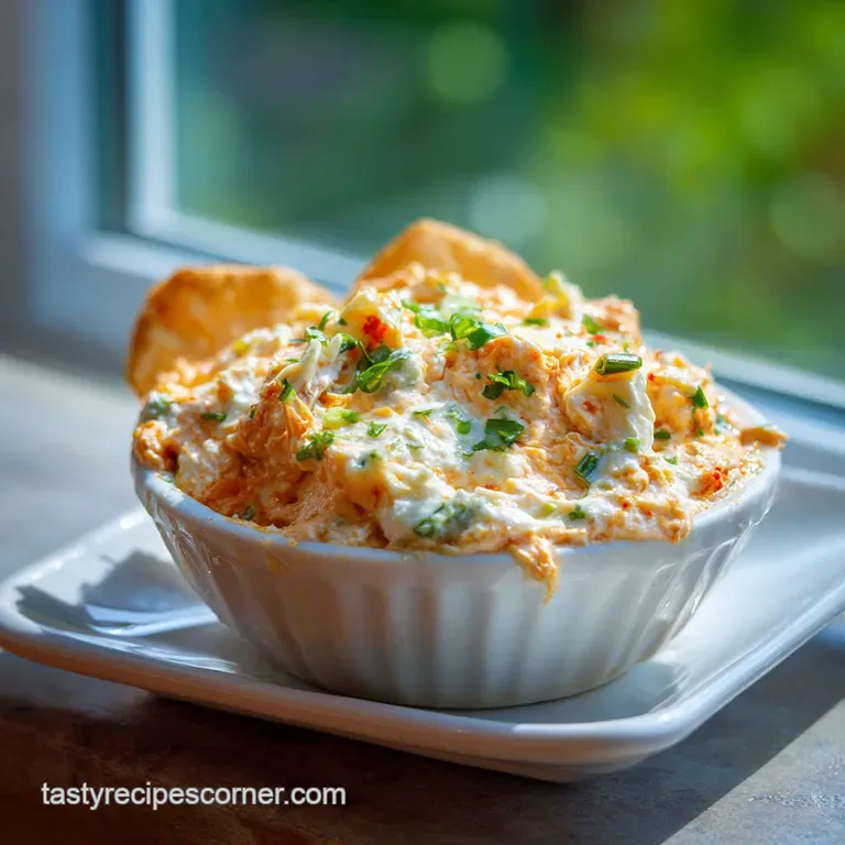 Warm buffalo chicken dip served in a rustic ceramic bowl, with toasted bread and celery sticks.