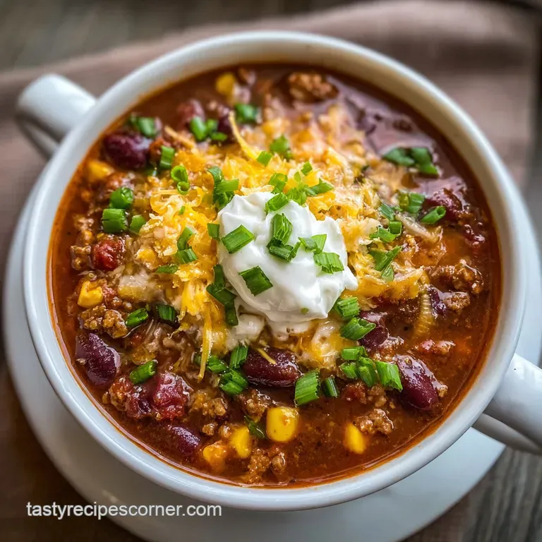 Steaming bowl of taco soup topped with melted cheese, sour cream swirl, and chopped cilantro. Warm, inviting comfort food.