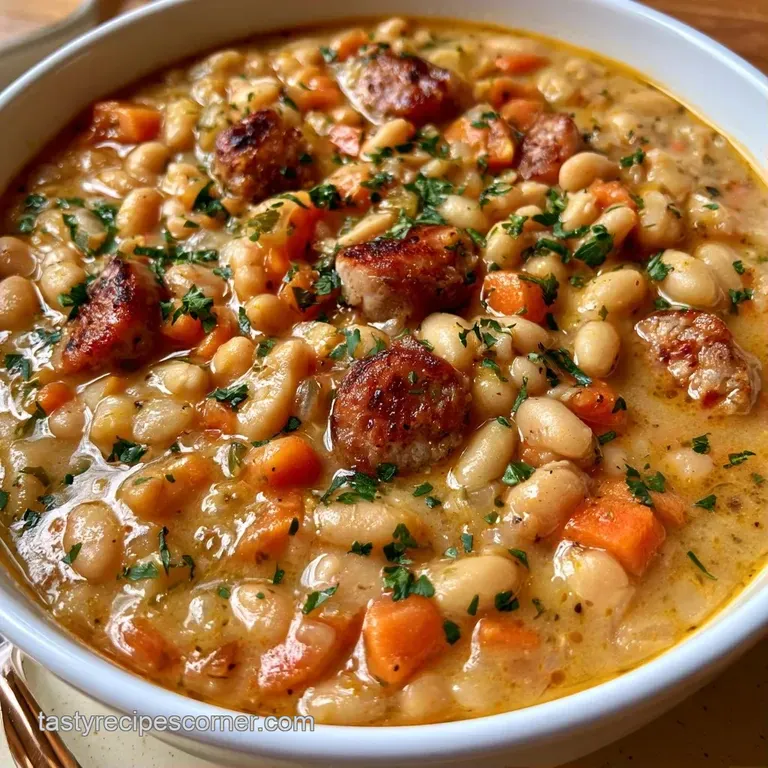 A rustic ceramic bowl filled with pale beans and seared sausage, garnished with a sprig of fresh green parsley.