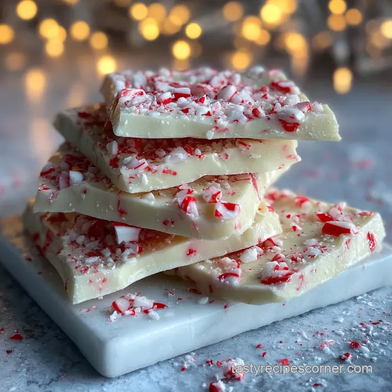 Festive peppermint bark elegantly arranged on a white platter, the red peppermint pops against the creamy white chocolate.