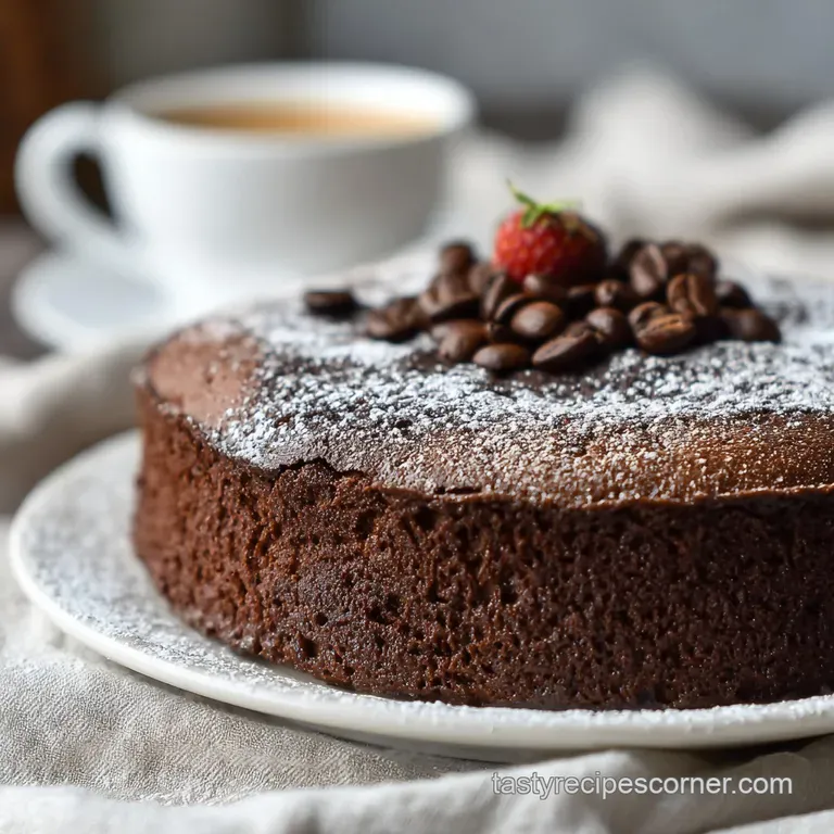 Slice of moist, dark cake with decadent espresso frosting on a white plate. A dusting of cocoa powder adds elegance.