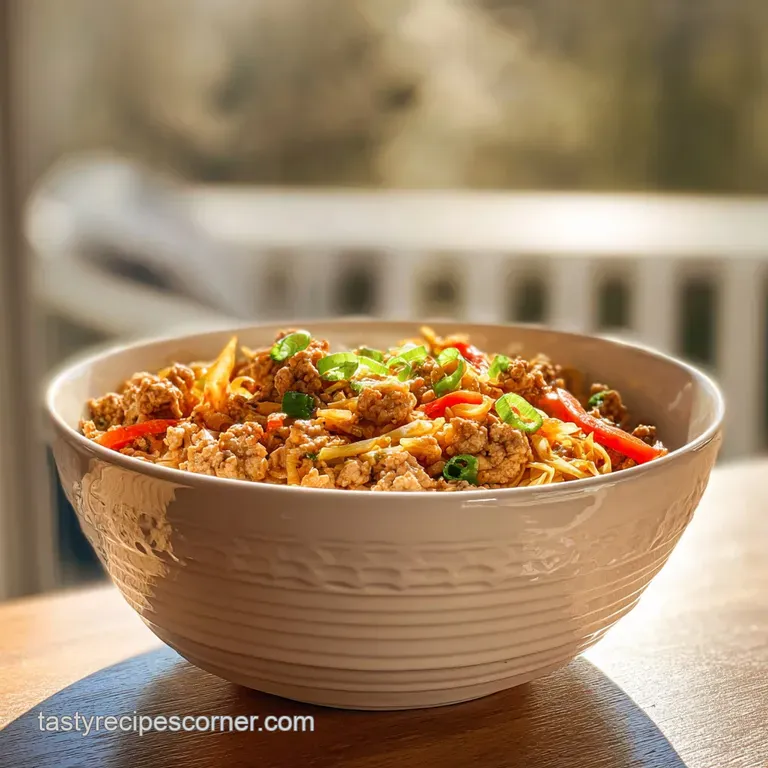 Plated egg roll in a bowl: Steaming ground turkey & veggie mix, garnished with sesame seeds & green onions. Fresh, inviting.